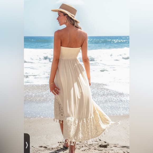 Cupshe Cream Strapless Boho Lace-Hem Midi Dress - Picture 2 of 7